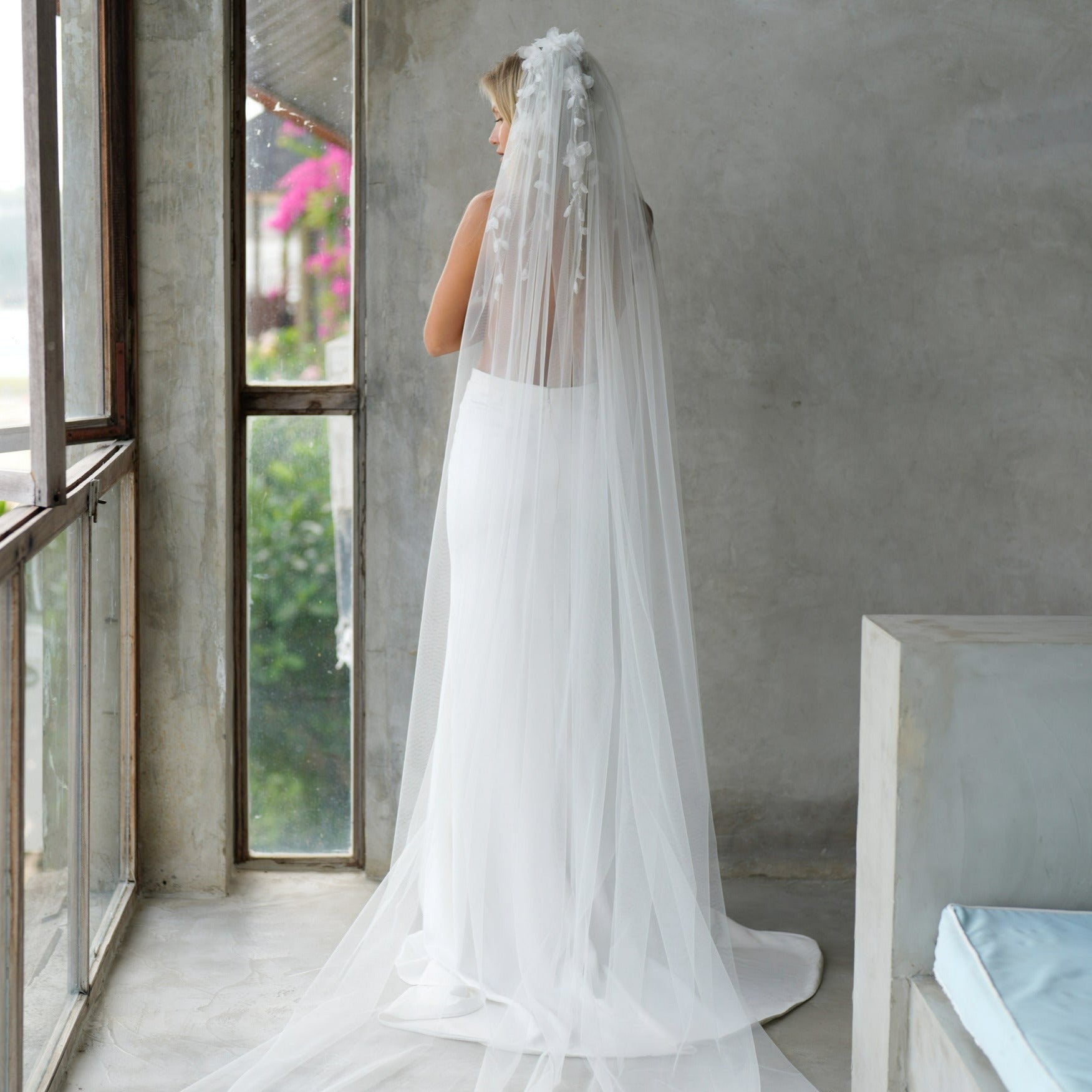 Silk flower and pearl veil