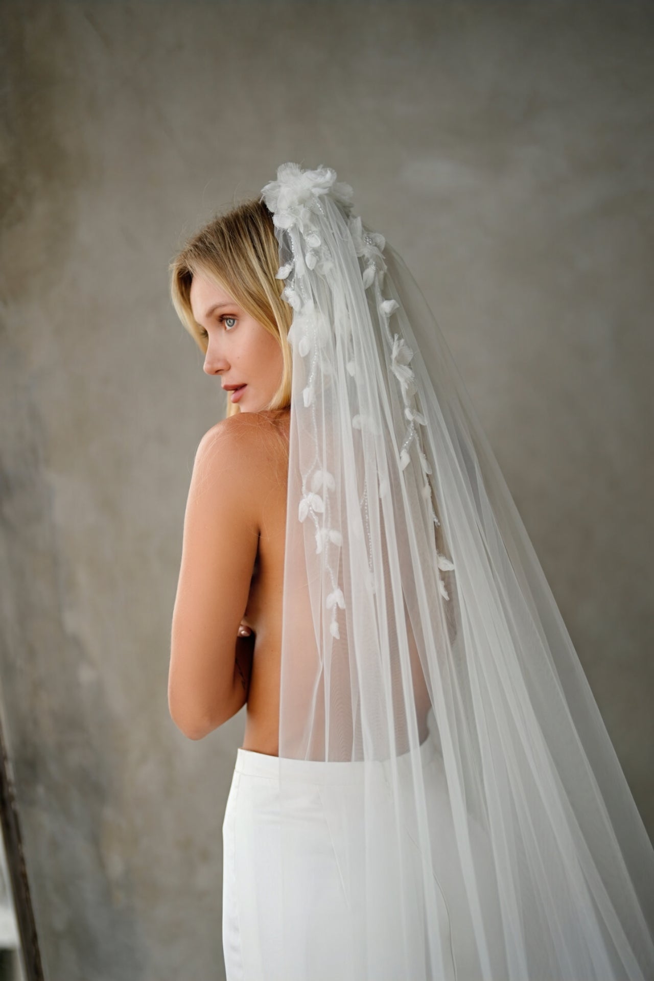 Silk flower and pearl veil