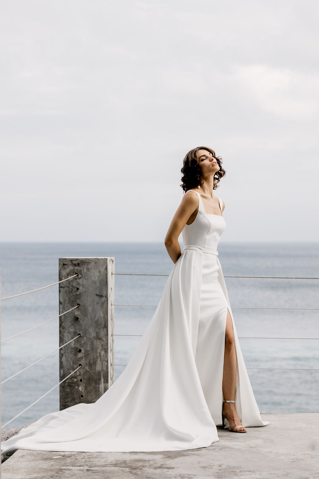 Harriett- Square Neck white wedding gown with removable overskirt by Elizabeth Grace Couture