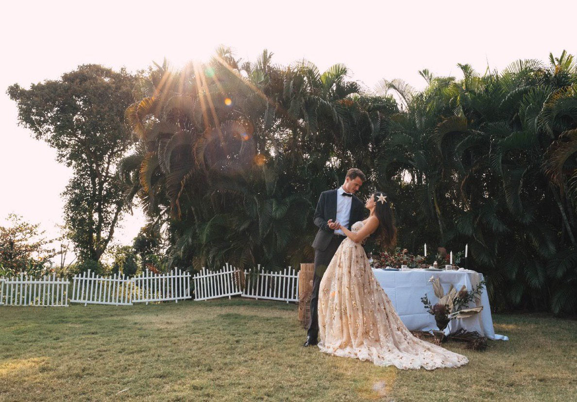 Sonya Davison wearing Elizabeth Grace Couture "Sunset Star" Wedding & Evening Dress